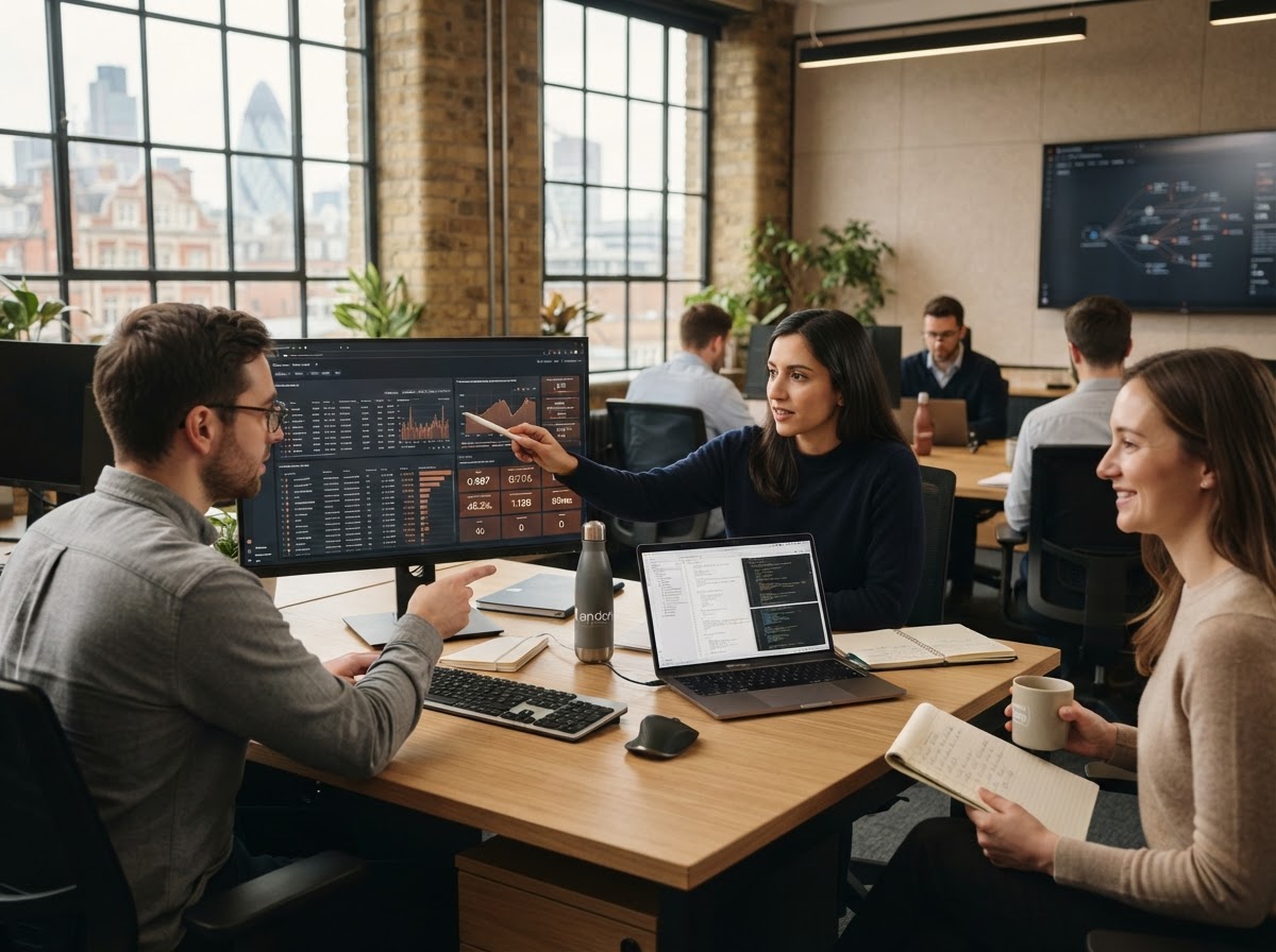 Sovrantis Platform team reviewing analytical charts and data on screens